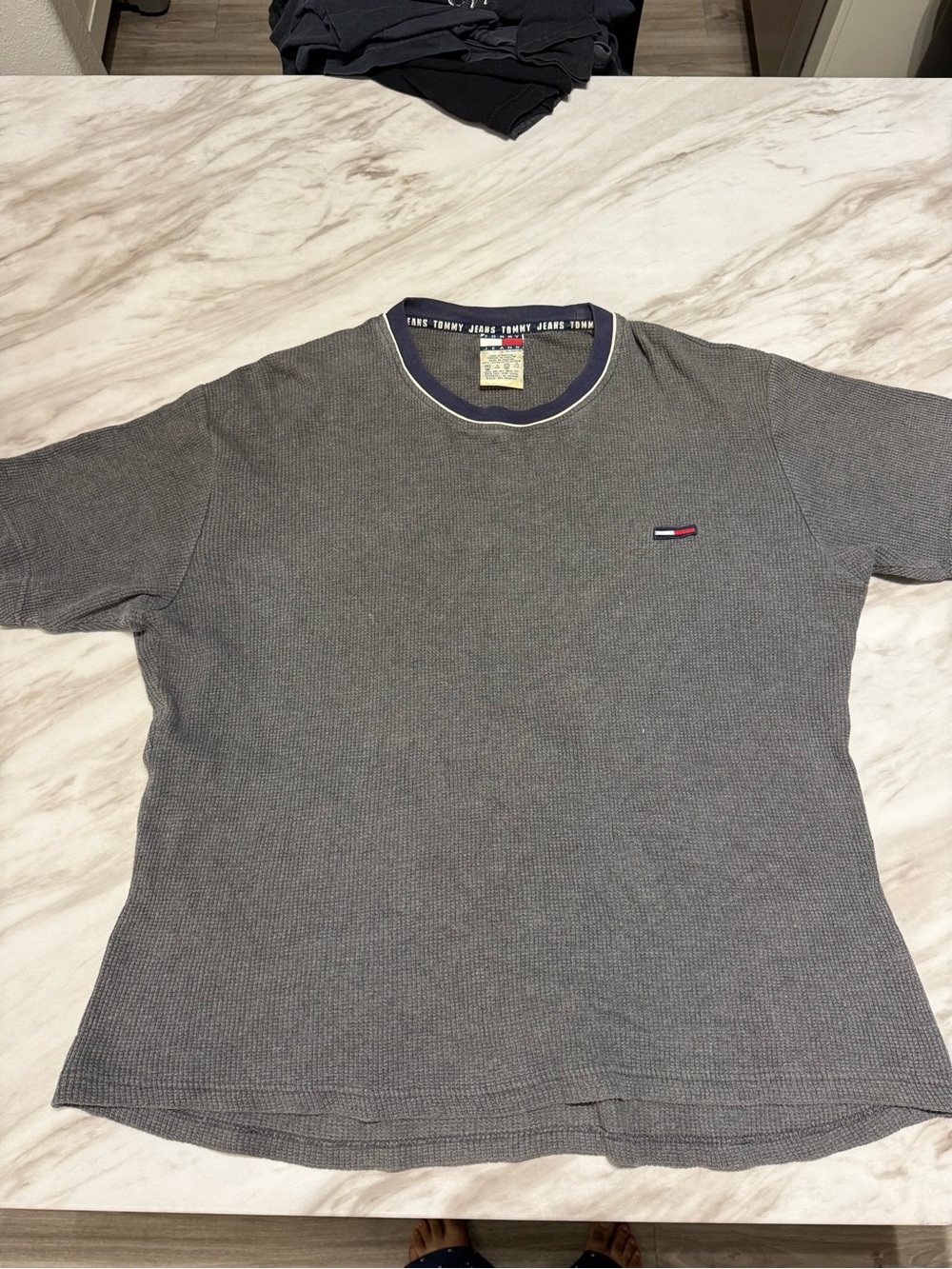 Tommy Hilfiger Gray Ribbed Crewneck Sweater with Red, White & Blue Trim